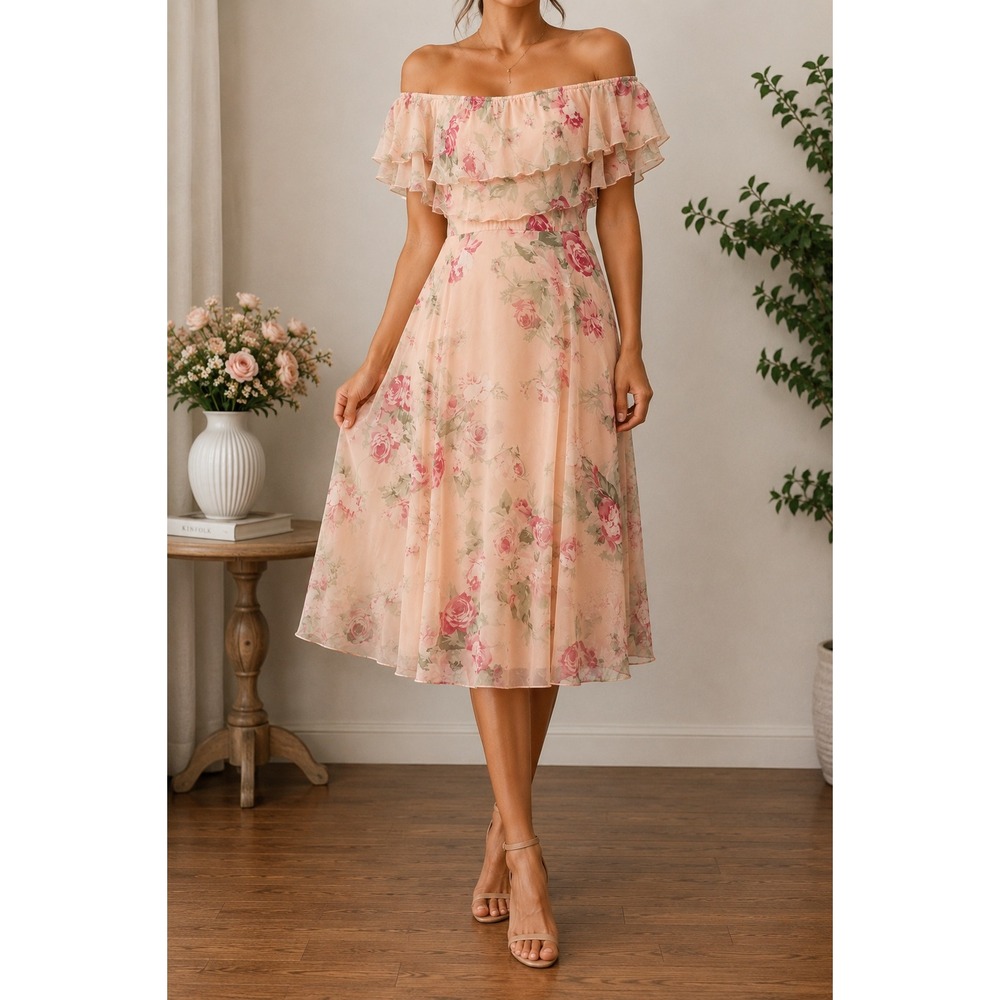S 33 ASOS Peach Pink Floral Ruffle Off Shoulder Midi Dress Romantic Cottagecore